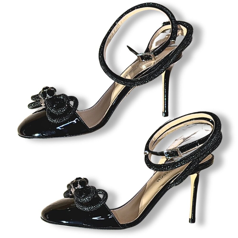 MACH & MACH Crystal Rhinestone Heels Black Size 38 Run Small US 7 Patent Leather